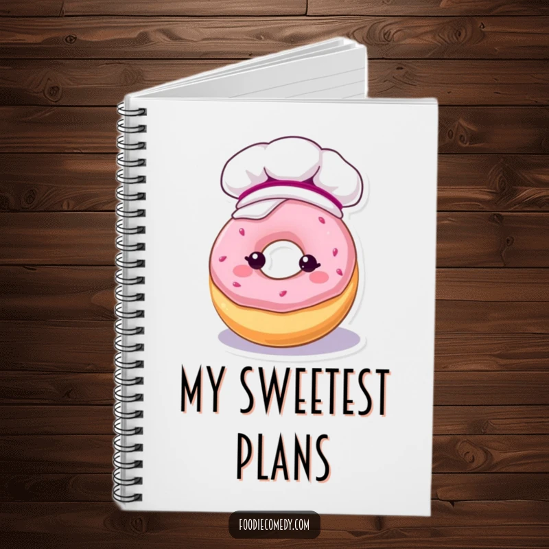Funny notebook featuring a kawaii donut character in a baking hat, covered in frosting, for note-taking.