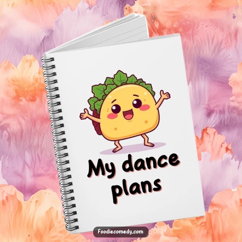 Funny taco notebook featuring a dancing taco, ideal for jotting down notes with humorous food and dance inspiration.