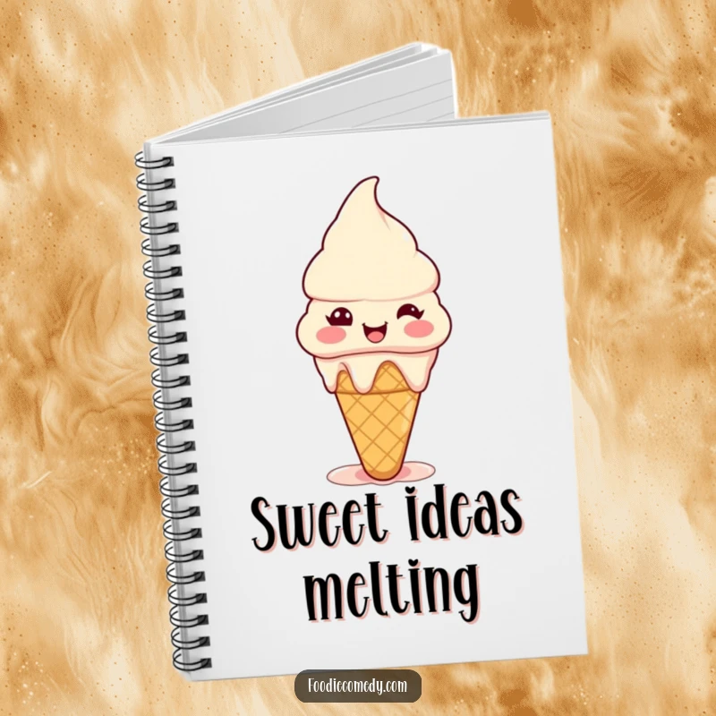 Funny ice cream cone notebook featuring a tiny happy cone melting slightly with pure joy, ideal for capturing notes with sweetness.