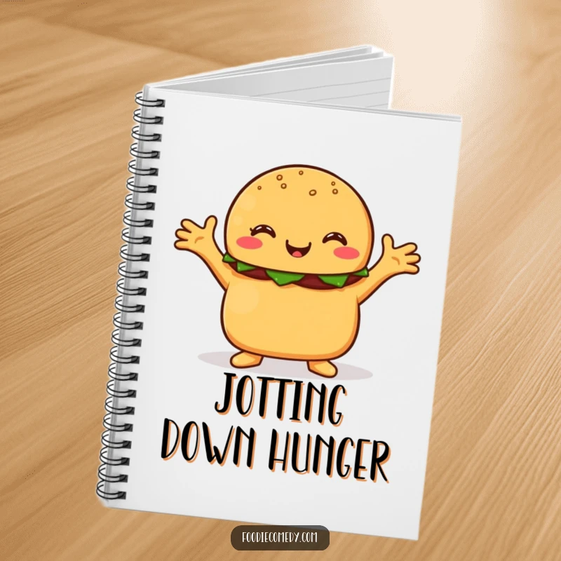 Funny burger notebook, a happy burger character with arms outstretched, inviting you to write your thoughts.