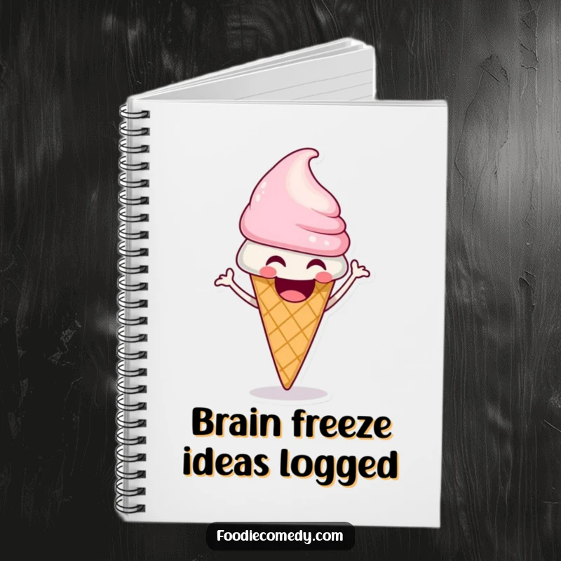 Funny ice cream cone notebook with a laughing character doing a funky shimmy, perfect for notes.