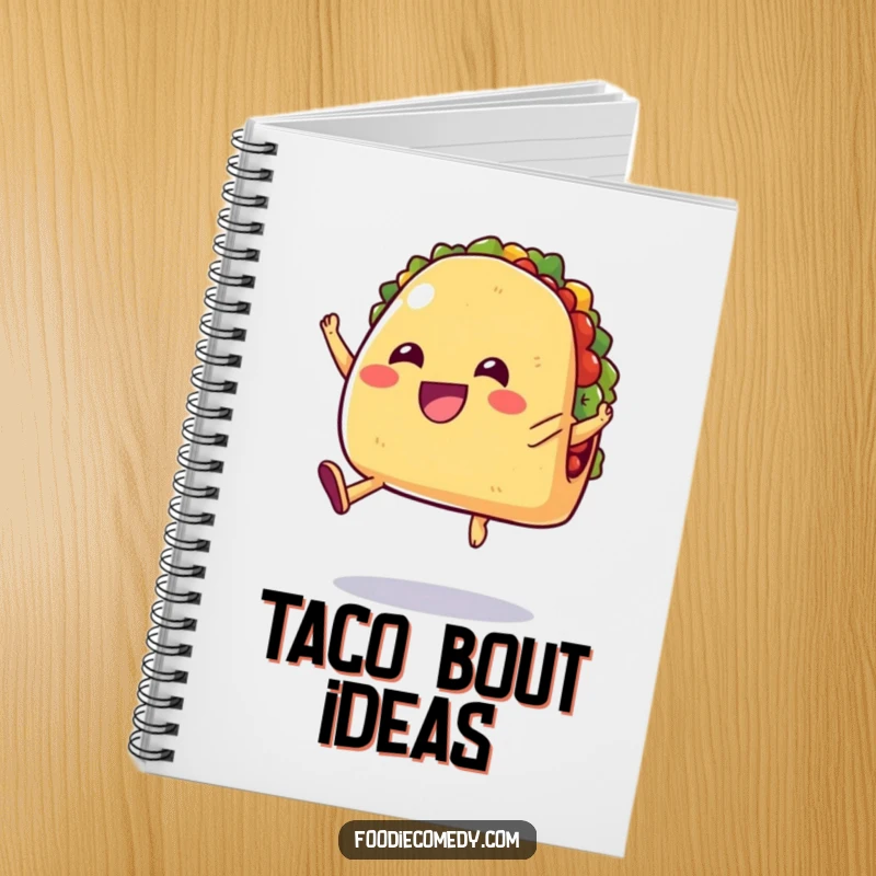 Funny notebook cover featuring a cheerful taco with tiny legs jumping in the air, inspiring fiesta thoughts.