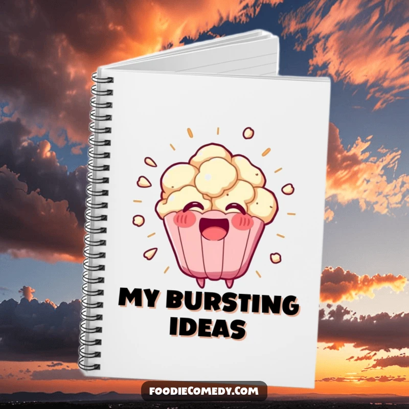 Funny kawaii popcorn kernel exploding into a happy burst on this notebook cover, a cheerful and humorous stationery item.