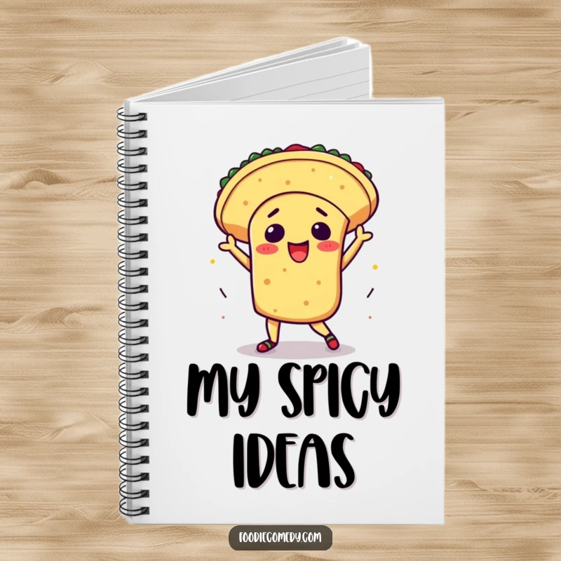 Funny kawaii taco notebook, spiral-bound journal with an excited taco doing a flamboyant salsa dance, cute stationery, humorous writing tool, ideal funny gift.
