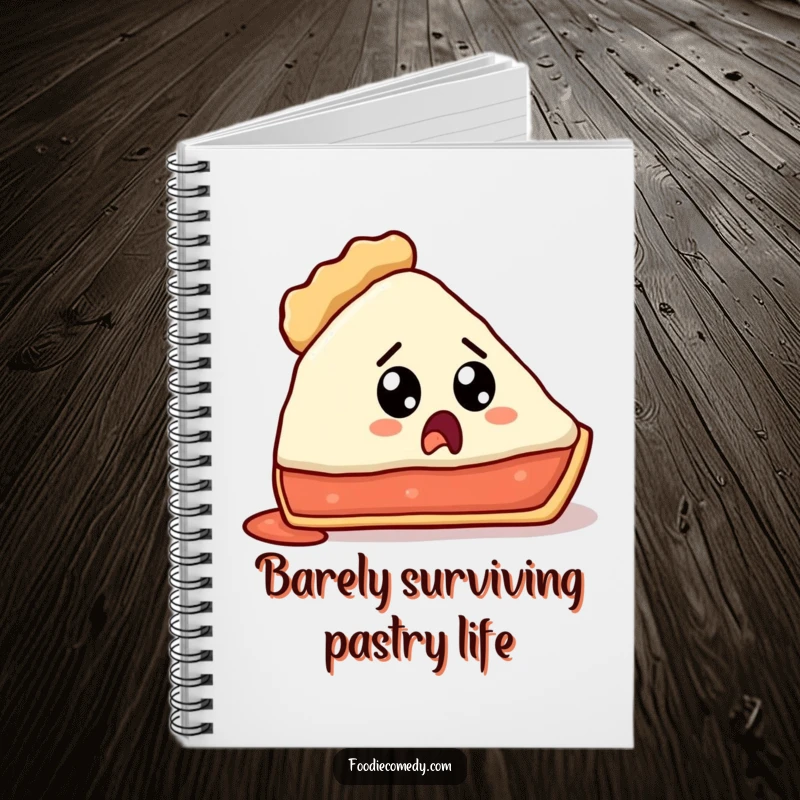Funny notebook cover with a pie slice expressing surprise at its lack of crust.
