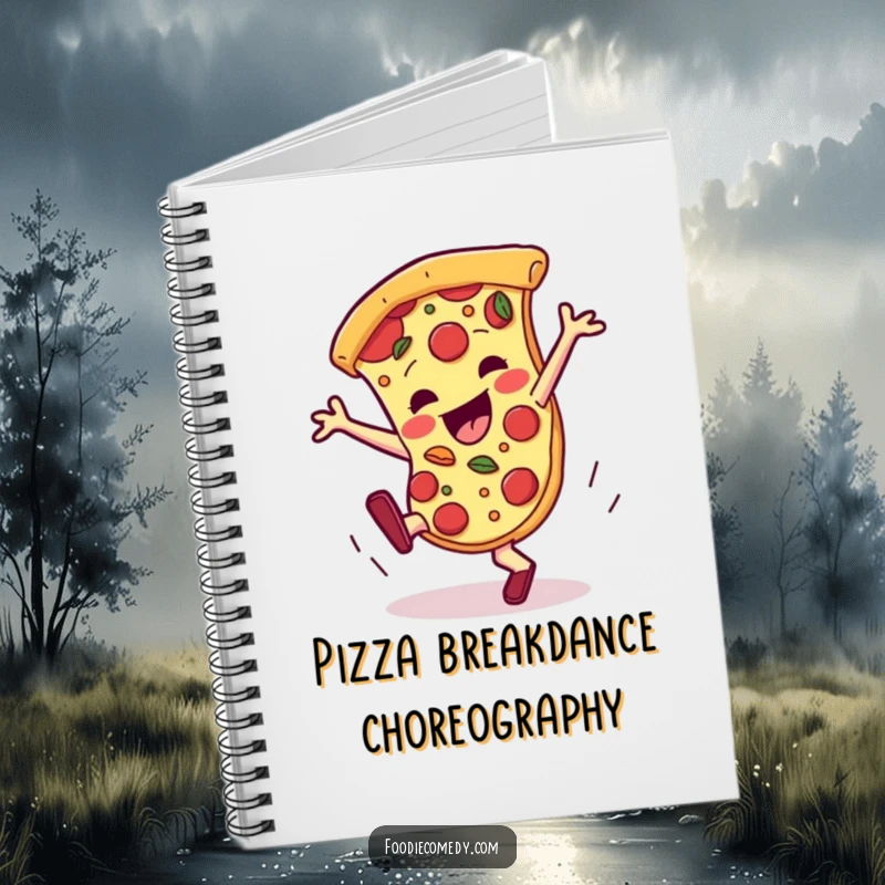 Funny pizza notebook, a slice breakdancing with toppings, for jotting down delicious and funny ideas.