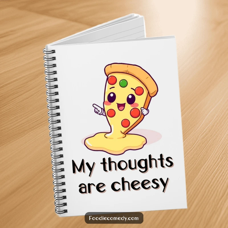 Funny notebook featuring a kawaii pizza slice character pointing at a pool of cheese, for jotting down notes.