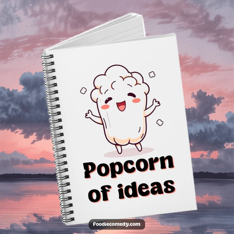 Funny popcorn notebook featuring a dancing popcorn kernel popping and jiggling with rhythm, for jotting down fun ideas.