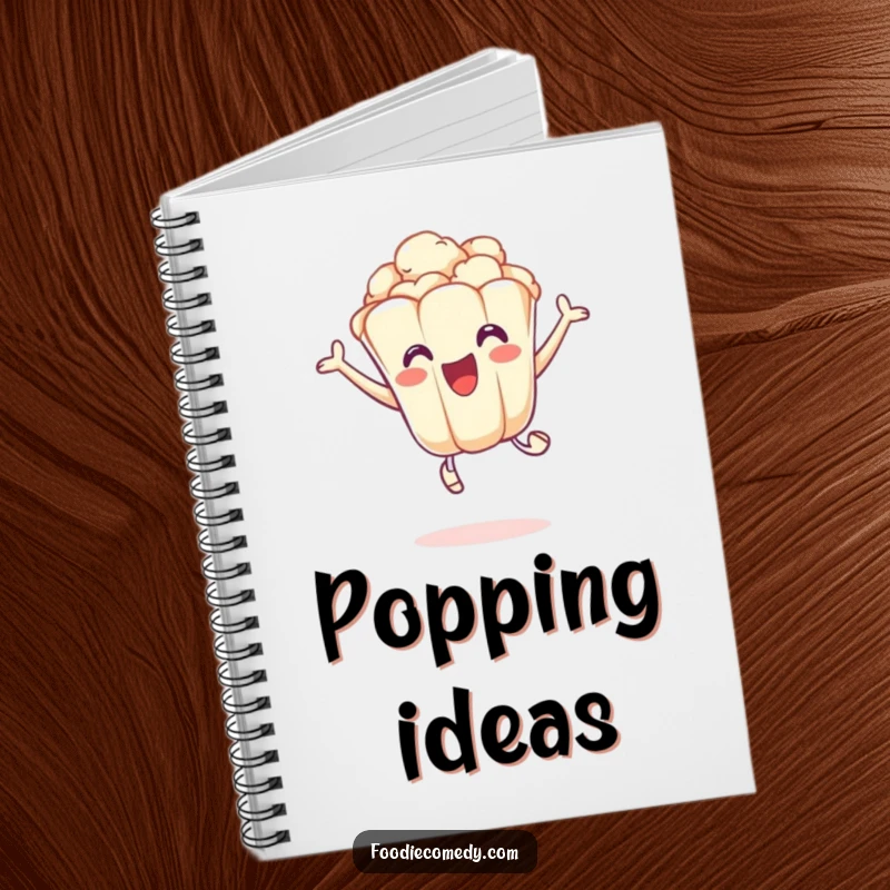 Funny notebook with an excited popcorn kernel in a playful leap, perfect for jotting down energetic and funny thoughts.
