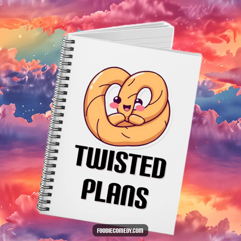 Funny notebook with a happy pretzel twisting its body into a fun shape, perfect for jotting down flexible and funny thoughts.