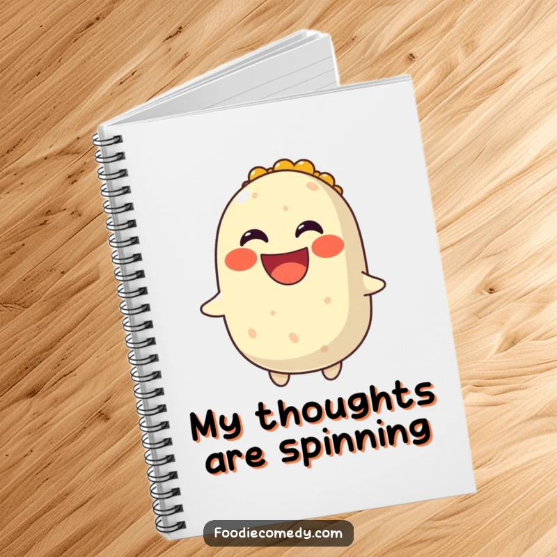 Funny notebook cover featuring a smiling burrito spinning with a wide, joyful grin.