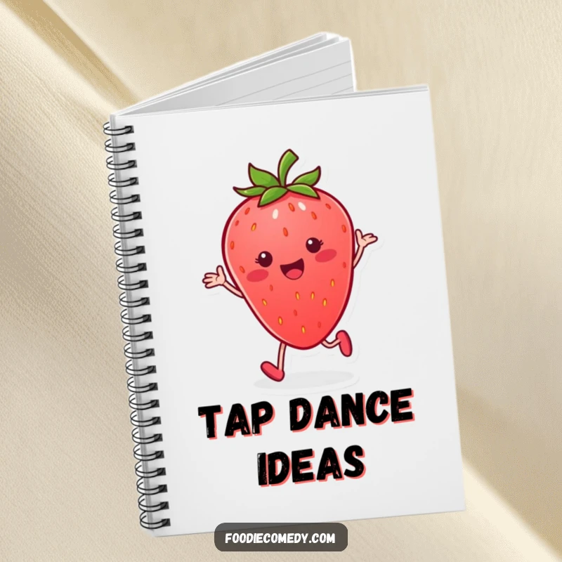 Funny strawberry notebook, smiling and performing a rhythmic tap dance, for jotting down fruity and funny ideas.