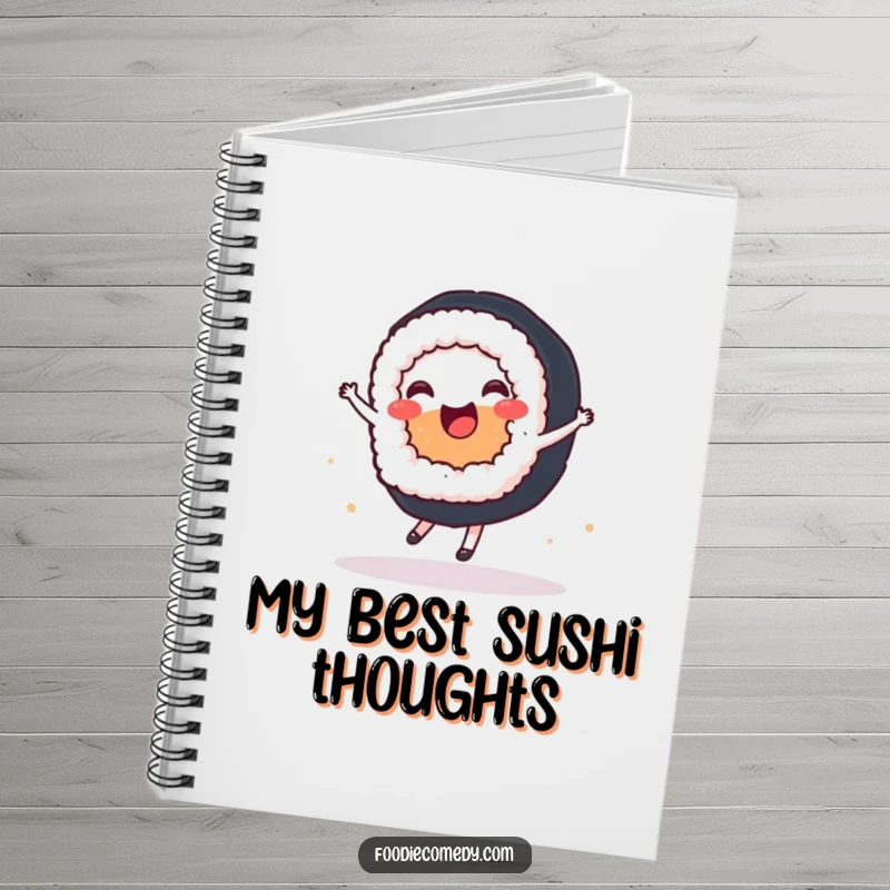 Funny notebook with a joyful sushi roll performing a ballet spin, ideal for journaling and creative writing.