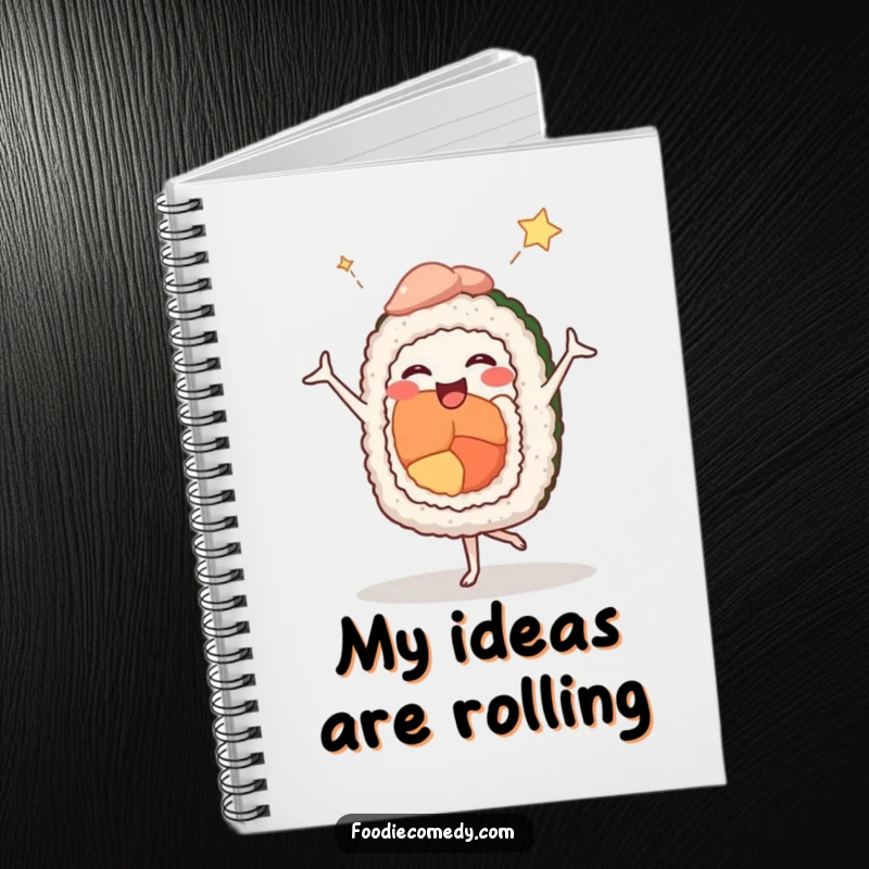 Funny notebook with a happy sushi roll in a comedic ballet pose, ideal for jotting down notes and ideas with humor.