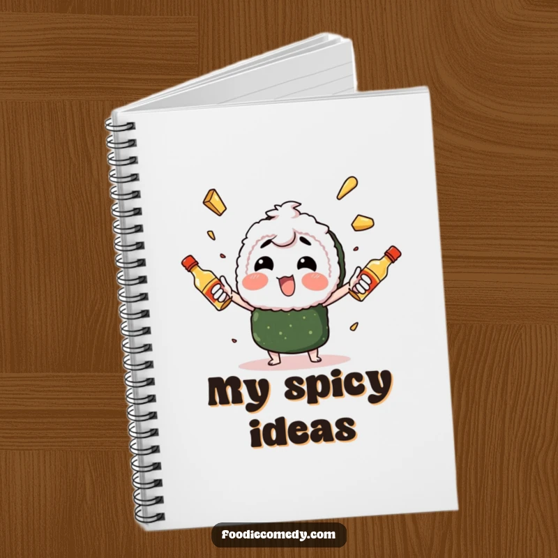 Funny sushi character enthusiastically juggling spicy mayo bottles, a notebook featuring a culinary performer for creative writing.