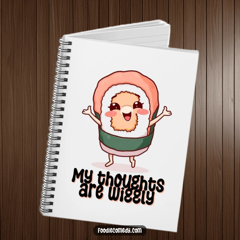 Funny notebook with a cover illustration of a sushi roll character wiggling and dancing, perfect for jotting down notes with a splash of fun. Great for daily journaling.