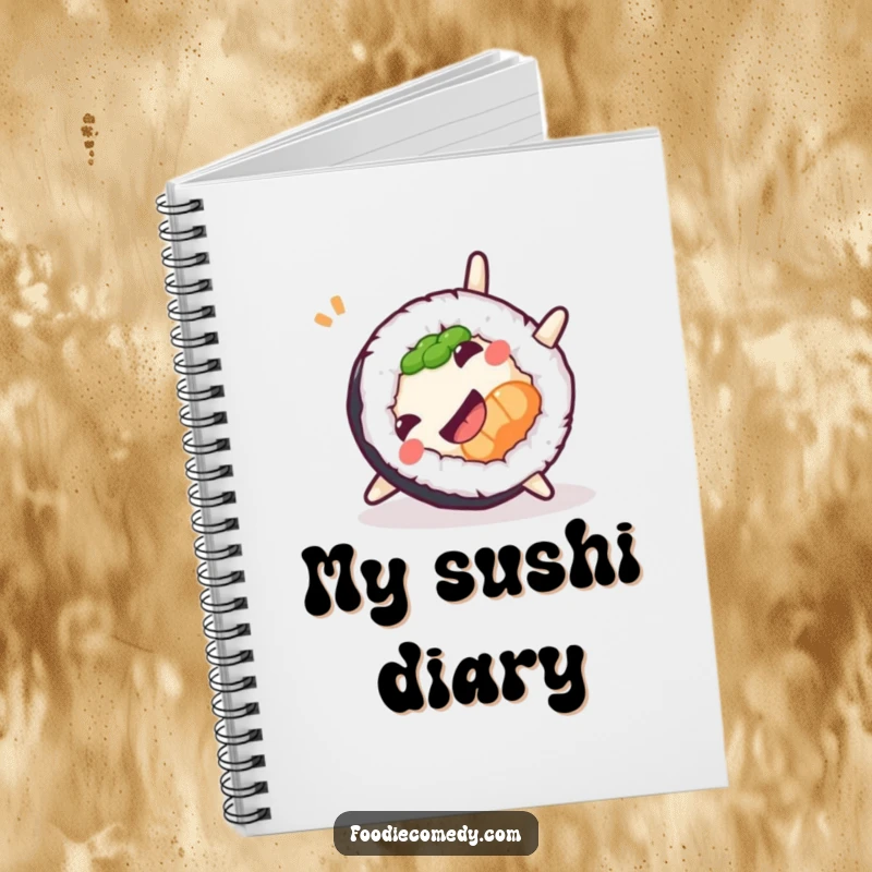 Funny Sushi Somersault Notebook featuring a roll doing a playful somersault, great for jotting down foodie ideas.