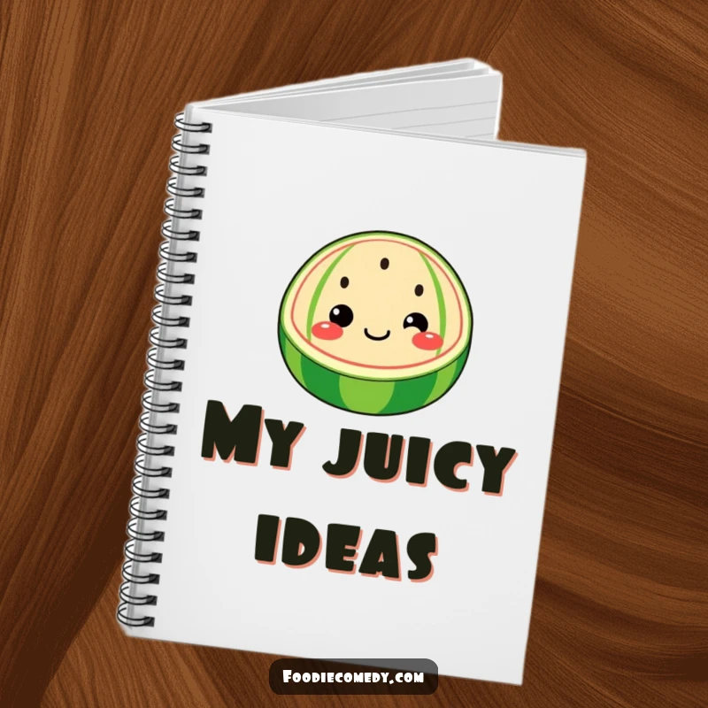 Funny watermelon notebook featuring a whimsical watermelon slice with a face wiggling its seeds, for jotting down sweet thoughts.