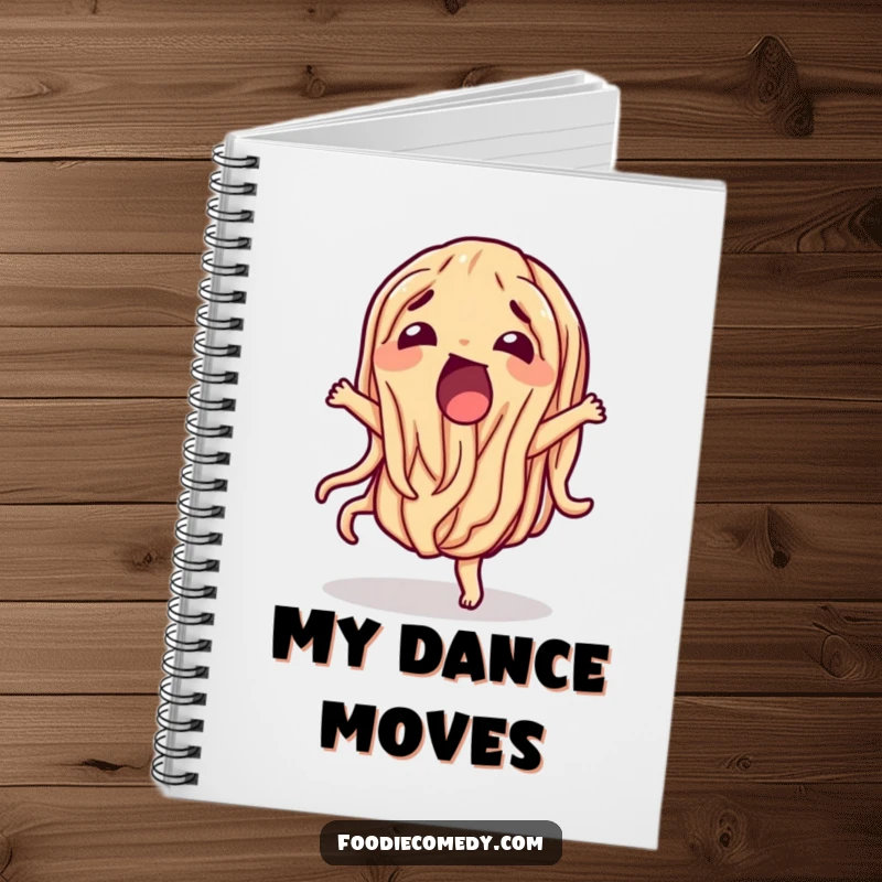Funny wiggling noodle notebook, for writing with a dancing pasta character on the cover.