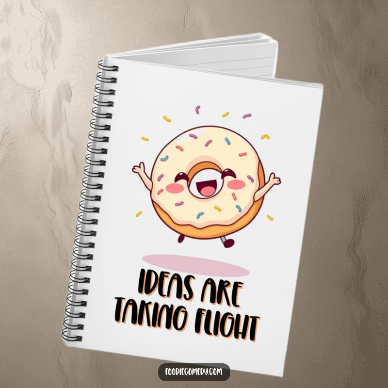 Funny notebook cover featuring a happy donut doing a joyful leap with sprinkles flying.