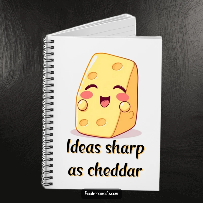 Funny notebook cover featuring a playful piece of cheese winking with a cracker.