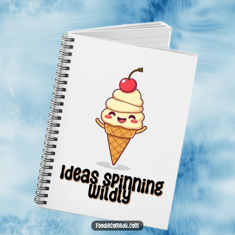 Funny ice cream cone notebook, featuring a giggling character with a cherry on top, spinning energetically, ready for notes.