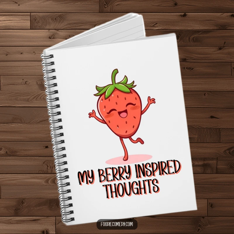 Funny strawberry notebook featuring a giggling strawberry with legs doing a lively flamenco step, for jotting down vibrant ideas.