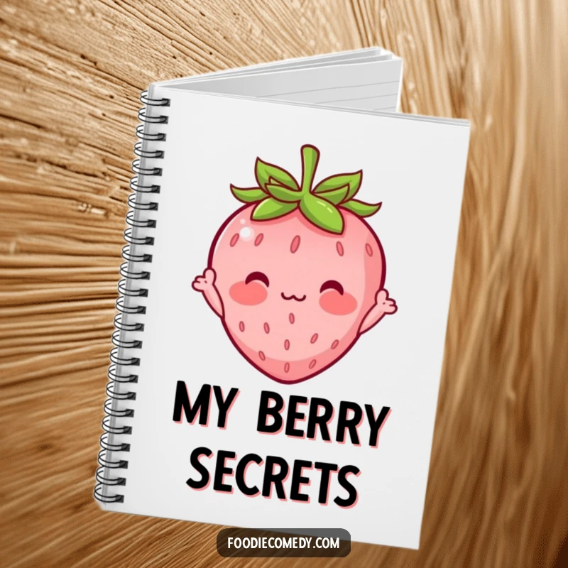 Funny notebook cover with a blushing strawberry character waving shyly, ideal for journaling with a hint of bashful charm.