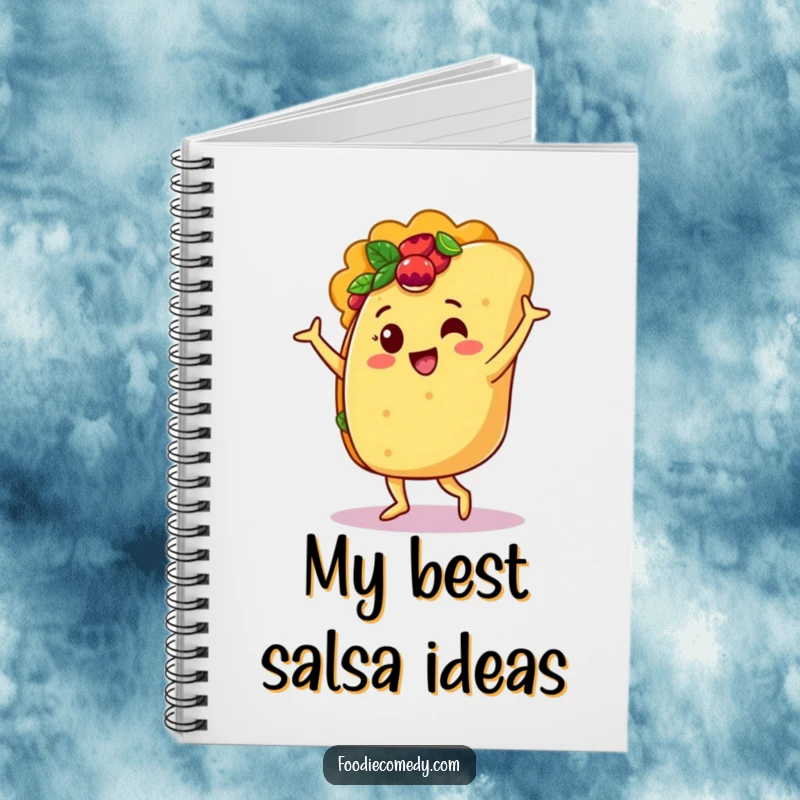 Funny notebook with a jubilant taco character doing a salsa dance, perfect for jotting down notes and ideas.