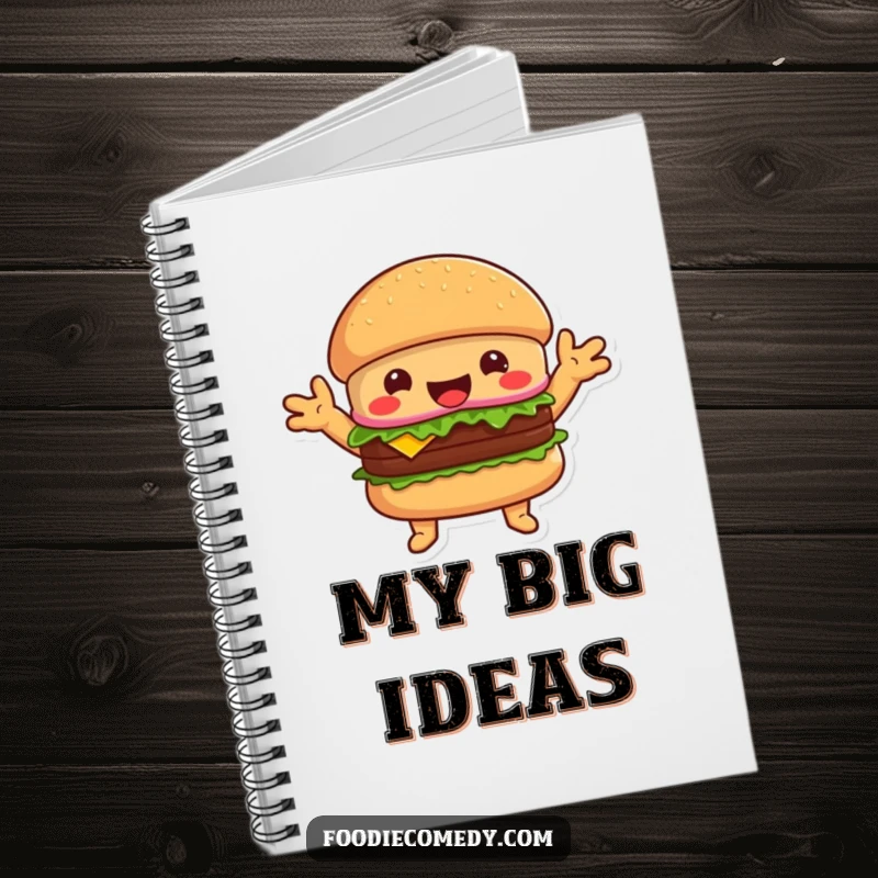 Funny happy burger notebook, for writing with a welcoming character offering hugs on the cover.