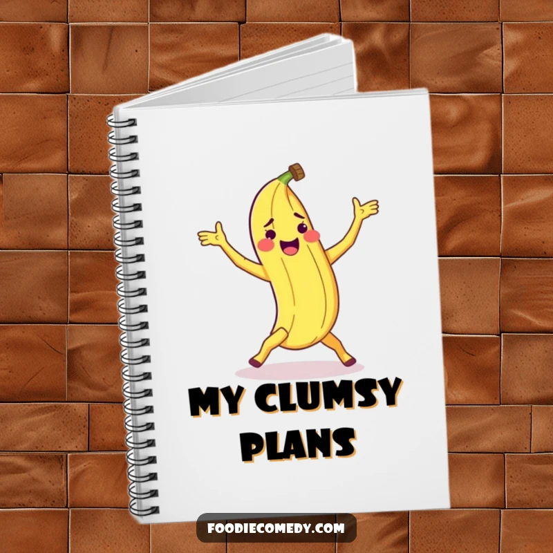 Funny banana peel notebook featuring a peel doing a clumsy breakdance move, inspiring creative and humorous writing.