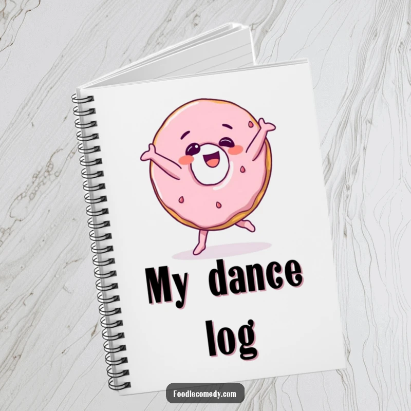 Funny donut character breakdancing on a notebook cover, inspiring creative and humorous writing.