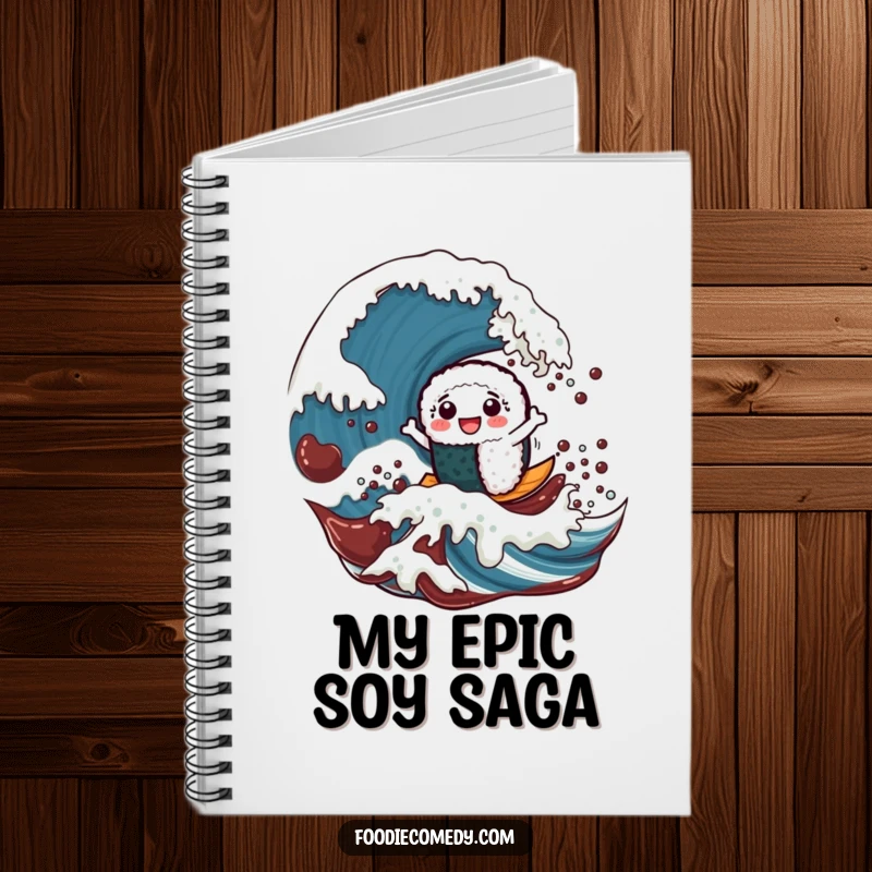 Funny notebook with a cheerful sushi roll character surfing a giant soy sauce wave, perfect for notes and ideas.