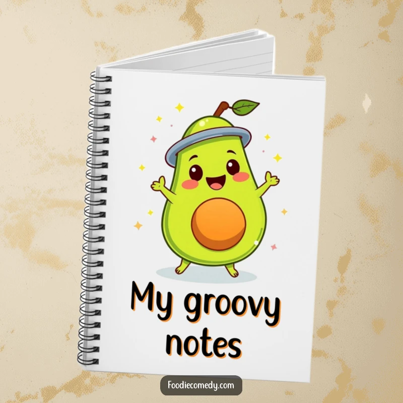 Funny delighted avocado doing a disco spin on a notebook cover, inspiring groovy and humorous writing.