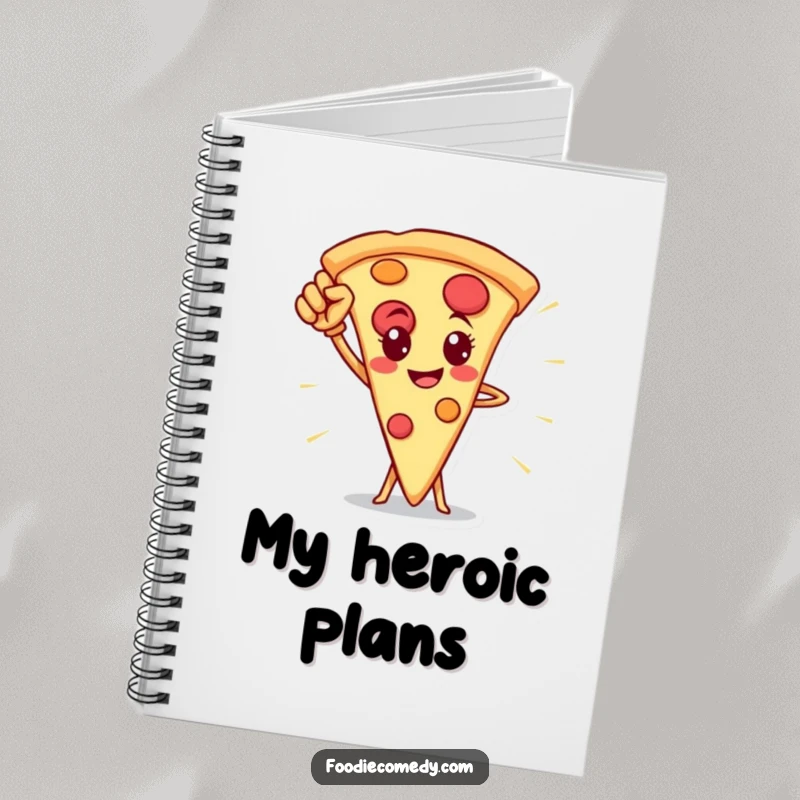 Funny pizza slice hero notebook, for jotting down ideas with a brave pizza character on the cover.