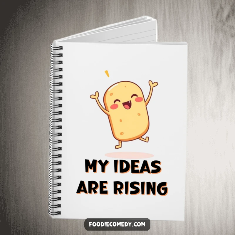 Funny notebook cover with a happy bread roll doing a jig, perfect for journaling baking ideas or daily thoughts.