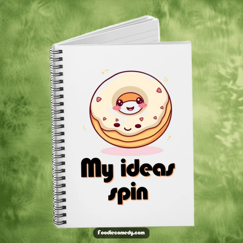 Funny donut notebook featuring a smiling donut spinning rapidly, inspiring sweet thoughts and creative writing.