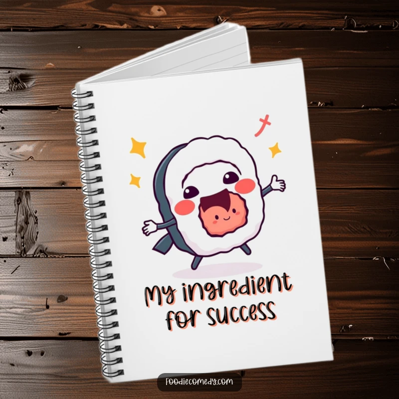 Funny sushi roll notebook doing a vibrant jitterbug, perfect for jotting down notes with energetic charm.