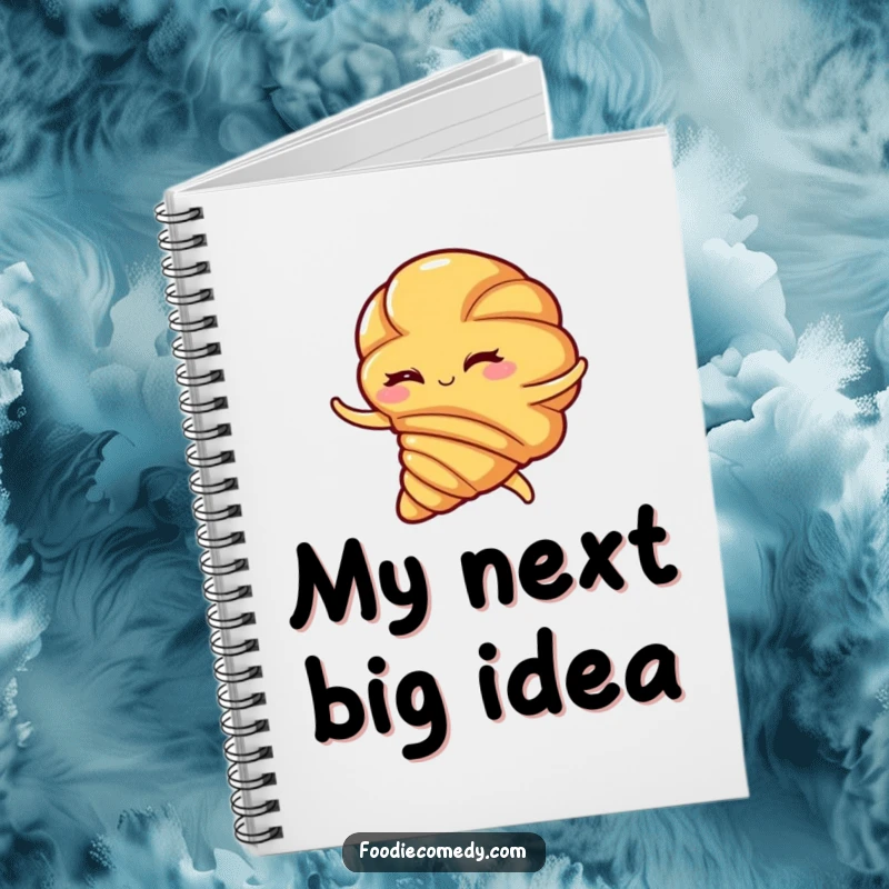 Funny croissant notebook, a winking pastry performing a spirited flamenco swirl, ideal for capturing ideas with artistic humor.