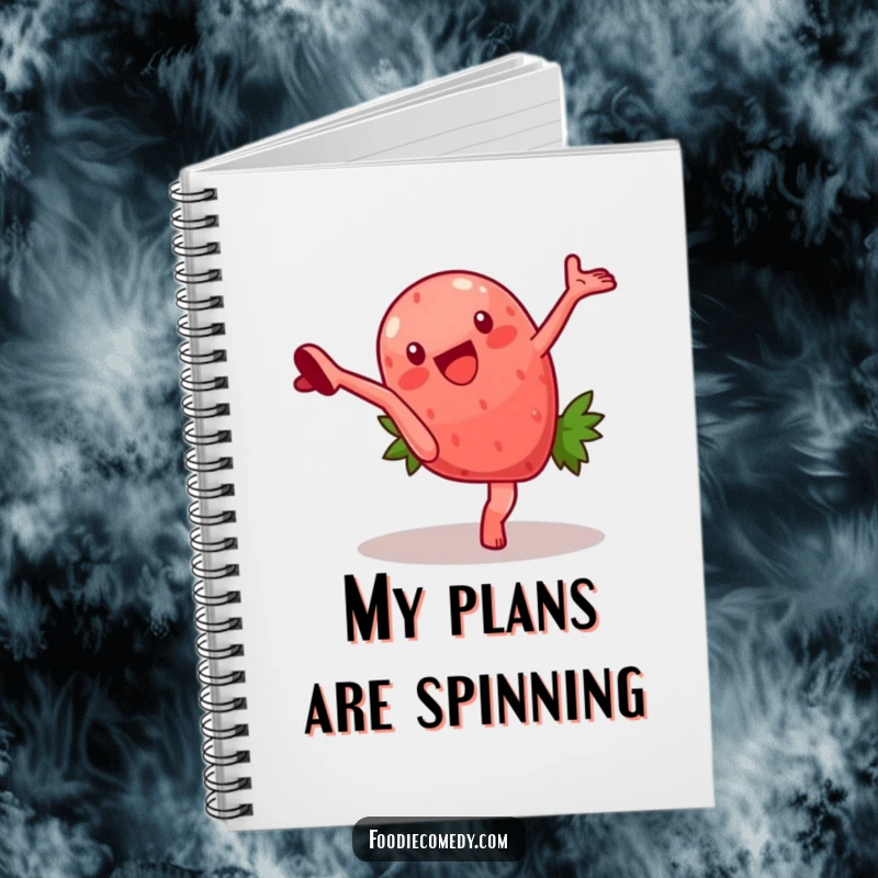 Funny notebook with a cover illustration of a strawberry character executing a cartwheel, inspiring creative and humorous note-taking. Ideal for journaling lovers.