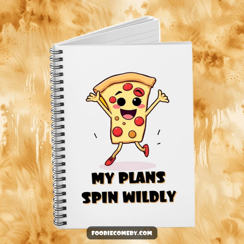 Funny pizza breakdance notebook cover featuring a pizza slice character with legs performing an energetic spin.