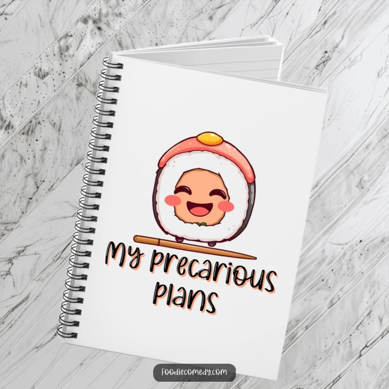 Funny Sushi Notebook: A lined notebook cover with a grinning sushi slice balancing on a chopstick, ideal for journaling and notes.