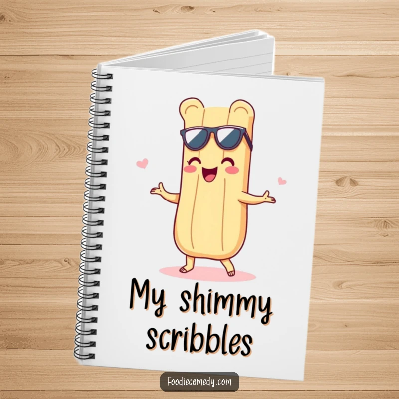 Funny notebook with a delighted baguette grooving with a shimmy, perfect for jotting down notes and ideas with a touch of humor.