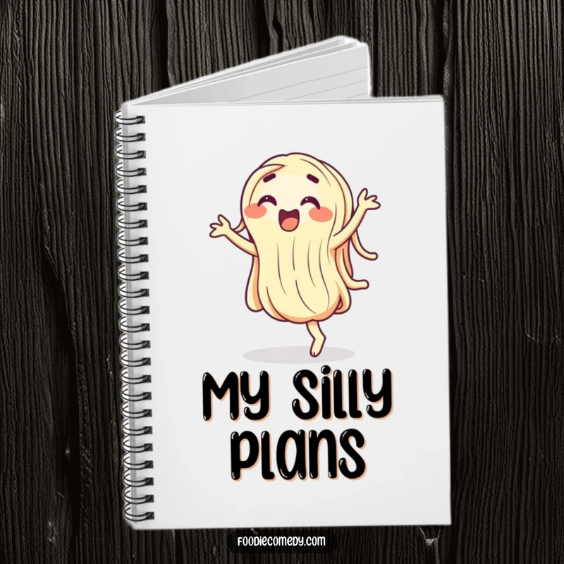 Funny wiggling noodle notebook, a playful pasta character dancing, ready to capture your thoughts and ideas.
