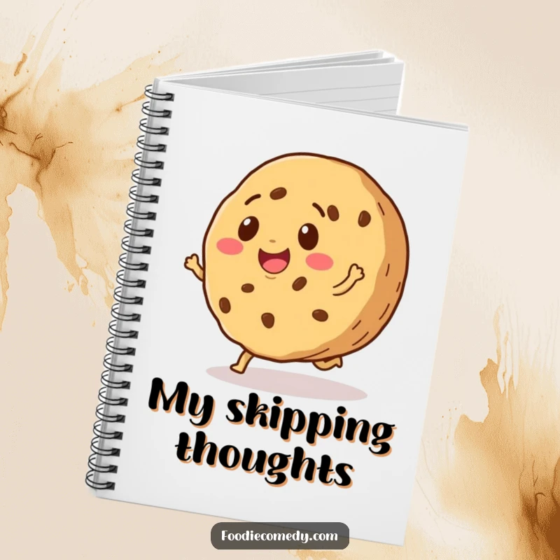 Funny notebook with a smiling cookie doing a happy little skip, perfect for jotting down notes with a touch of sweet joy.