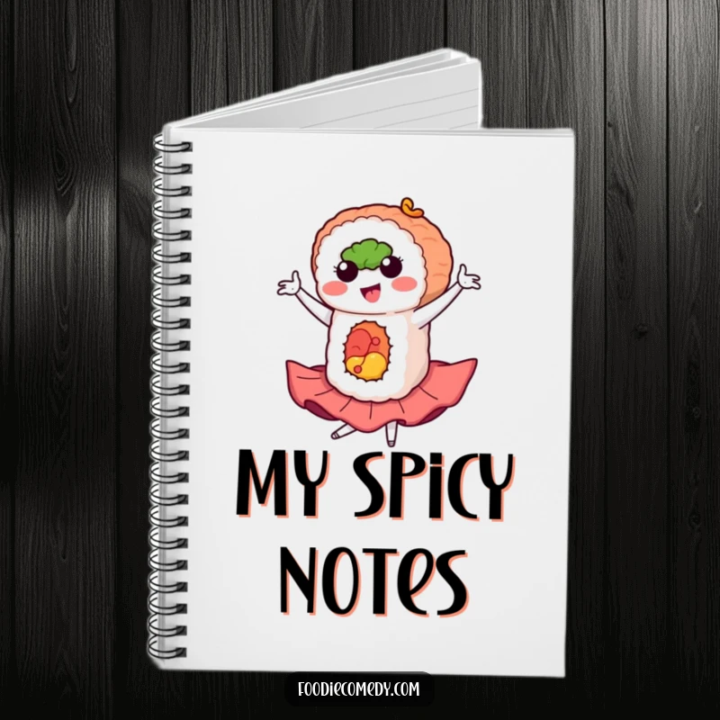 Funny sushi notebook featuring a sushi roll in a flamboyant flamenco pose, inspiring creative and passionate writing.