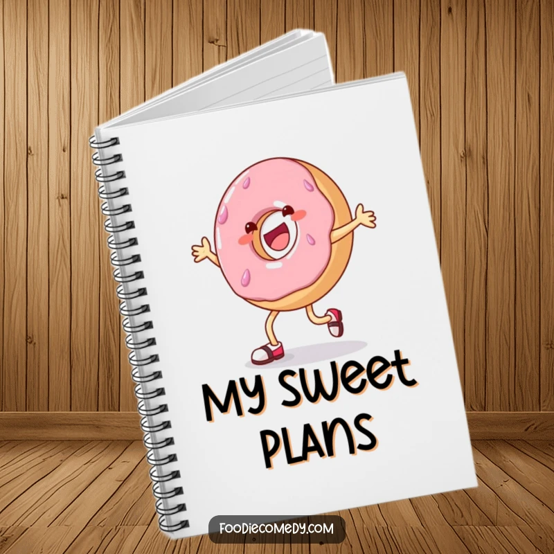 Funny donut tap dance notebook, cheerful donut character dancing, for writing and drawing, cute stationery.