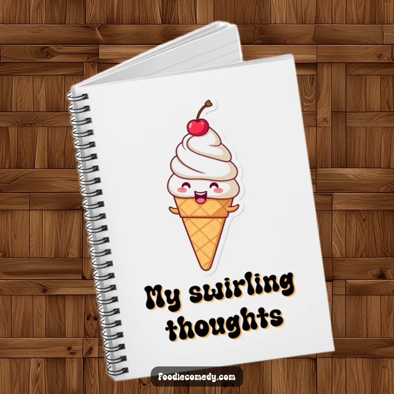 Funny giggling ice cream cone notebook, for writing with a spinning dessert character on the cover.