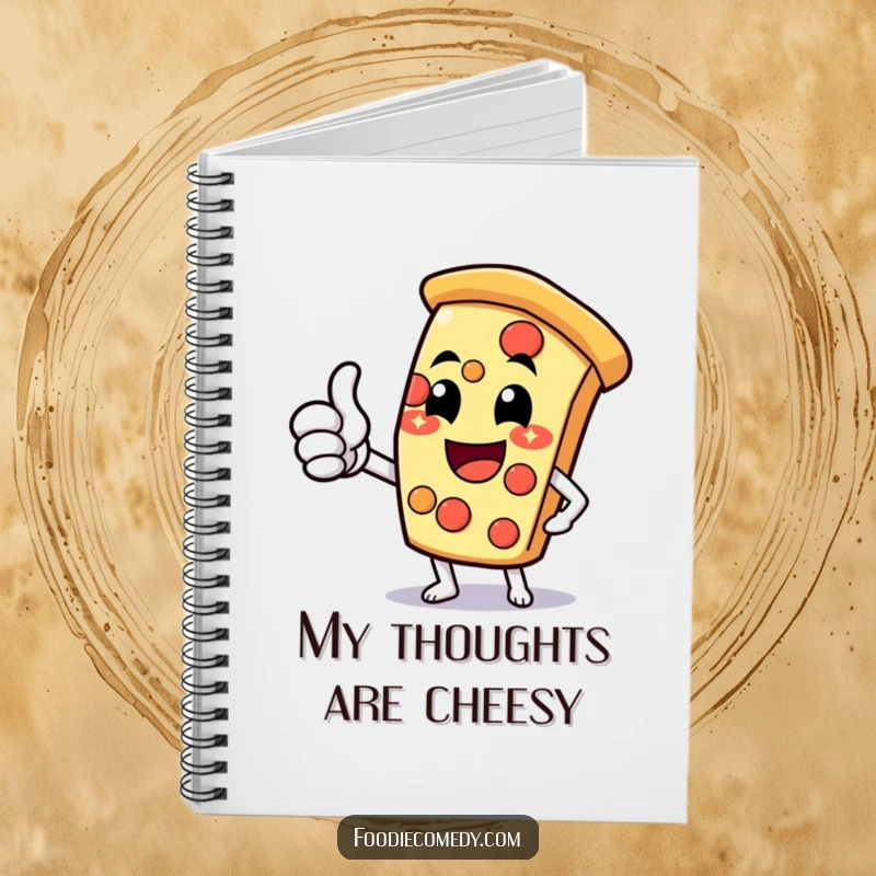 Funny pizza slice notebook with a cheesy grin and thumbs-up, ideal for capturing thoughts and ideas.