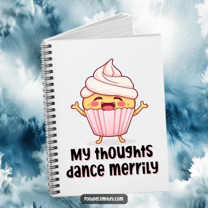 Funny laughing cupcake notebook cover featuring a happy cupcake with frosting, hopping energetically to a fun beat.